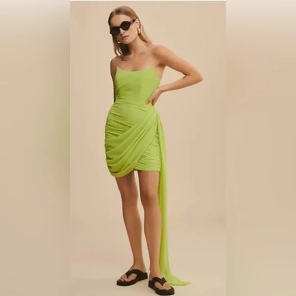 Ieena for Mac Duggal Strapless Neon Green Drape Dress - Picture 4 of 9